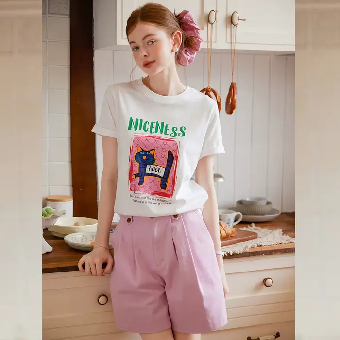 LOUIS YAO T-shirt imprimé 2025 été décontracté coton motif chat manches courtes col rond ample femme