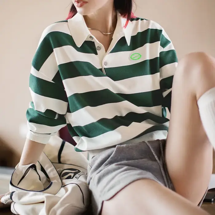 Maden rétro classique blanc et vert couleur bloquant rayé Polo pour les femmes automne à manches longues T-shirt ample décontracté hauts