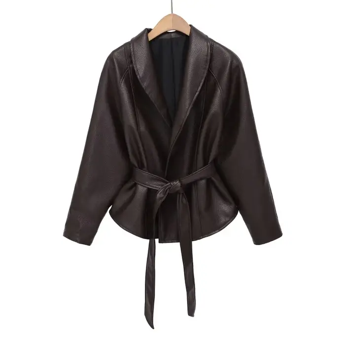 Veste Courte Ceinturée en Similicuir PU Vintage pour Femme ETJ