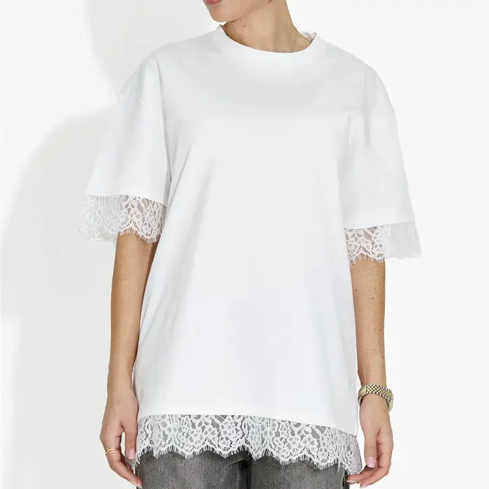 T-shirt surdimensionné pour femmes, couleur unie, à panneaux, col rond, garniture en dentelle, nouve