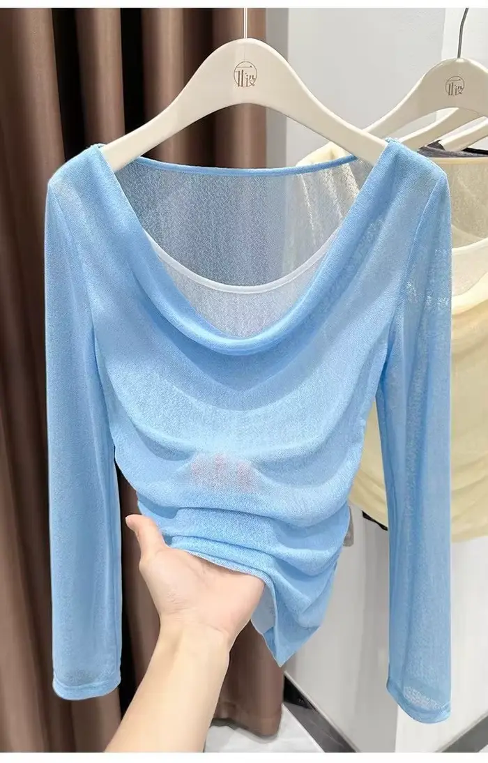 T-shirt à manches longues en tulle bleu clair pour femme