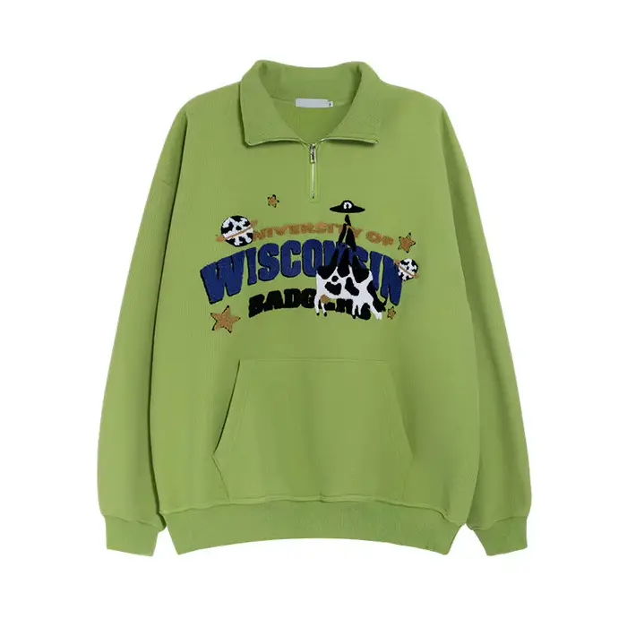 Avocat vert mignon vache broderie POLO sweat demi fermeture éclair ample décontracté étudiants fille