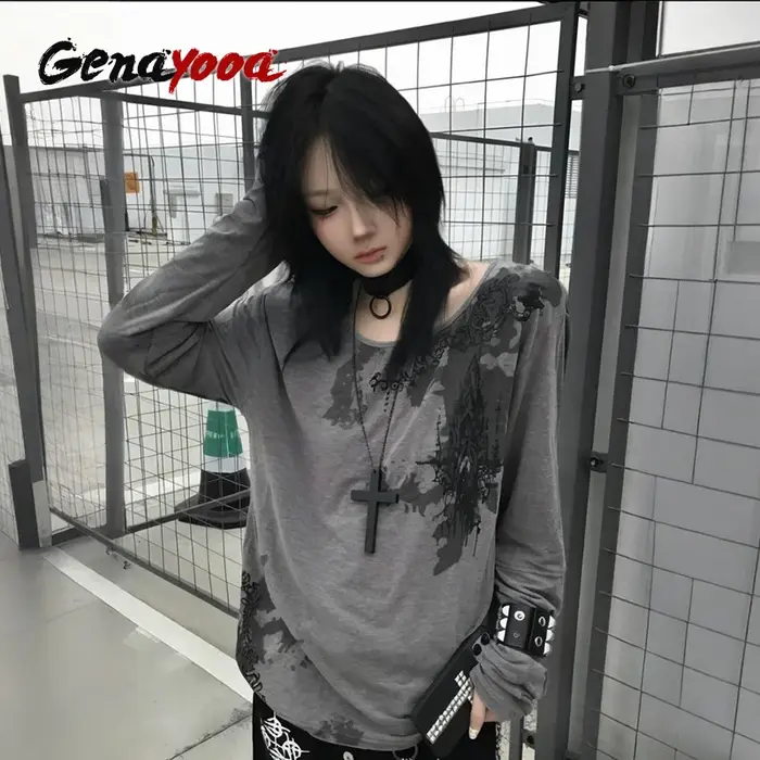 Genayooa gothique imprimé T-shirt femmes à manches longues décontracté Y2k Vintage Grunge hauts