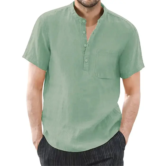T-shirt à manches courtes pour hommes, en coton et lin, décontracté, couleur unie, chemise d'été, co