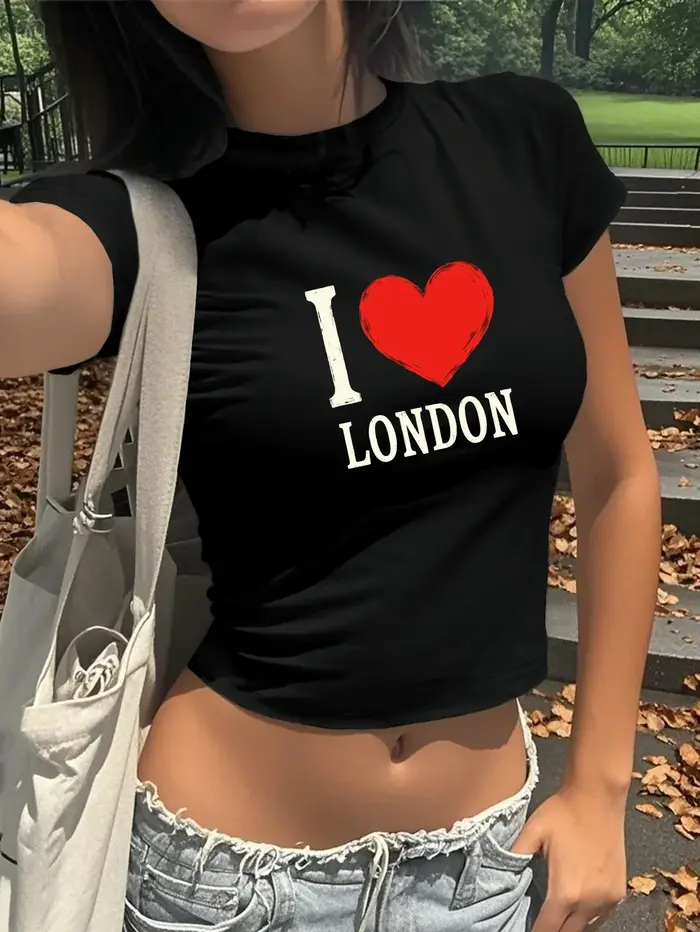 T-Shirt court pour femmes-I Love London imprimé graphique avec coeur rouge été à manches courtes Har