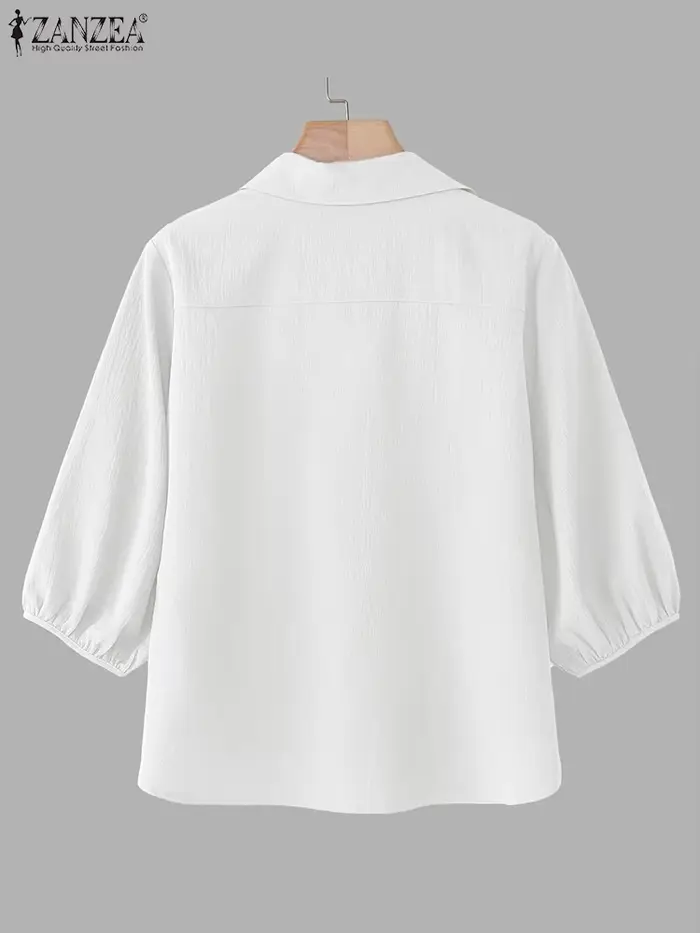 ZANZEA femmes chemisier asymétrique 3/4 lanterne manches couleur unie hauts mode col rabattu tunique décontractée été pull Blusa