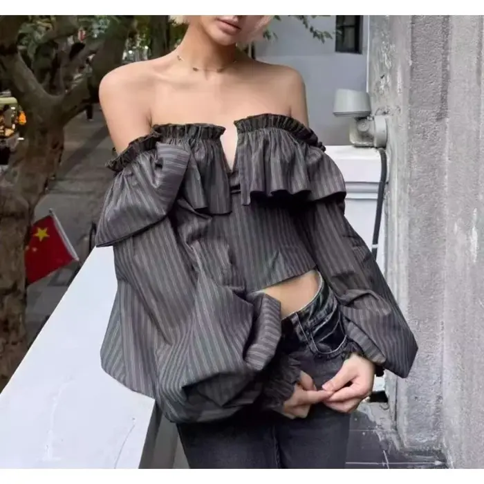 Chemisier Rétro Français Rayé à Manches Longues pour Femme – Tendance Automne