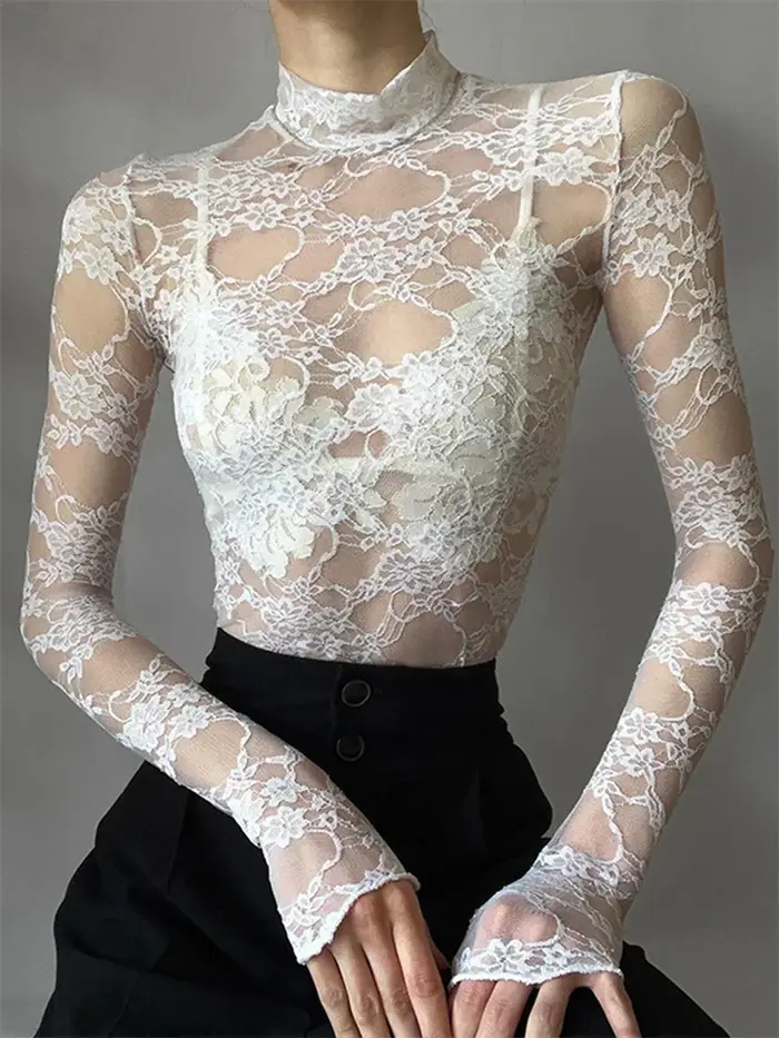 T-shirt à manches longues en dentelle florale pour femmes