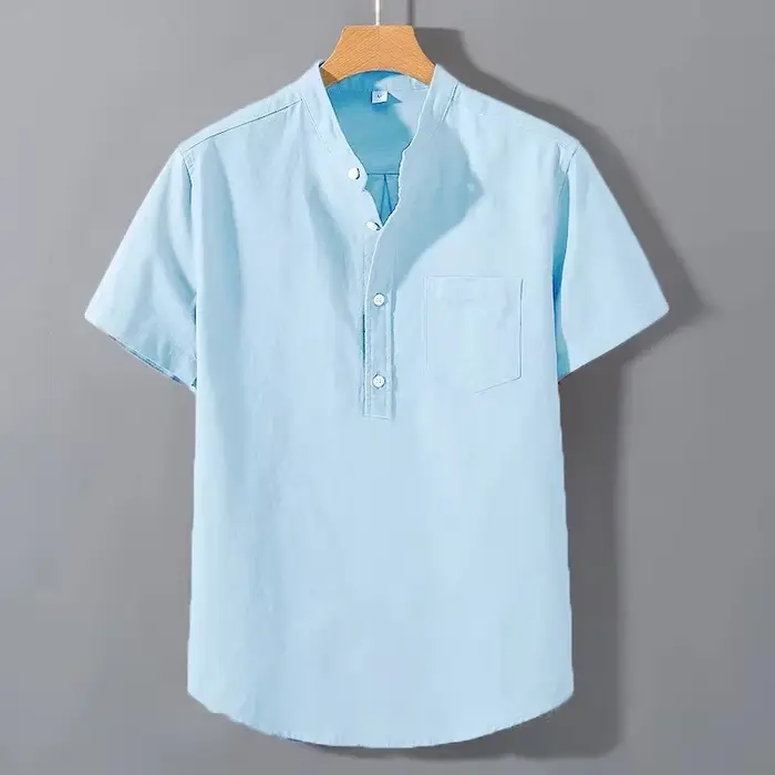 Nouveaux hommes à manches courtes t-shirts couleur unie col montant chemise été à la mode respirant ample jeunesse basique coton poche haut