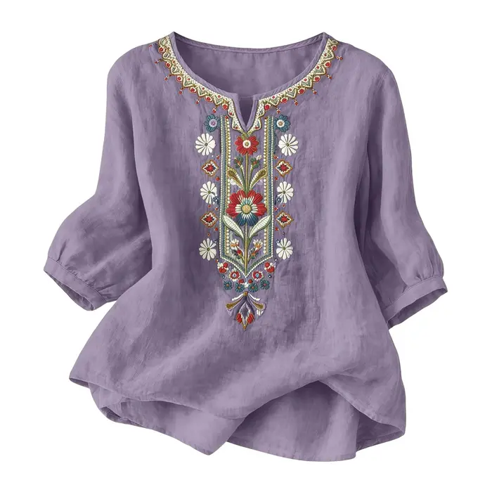Chemises en lin d'été pour femmes Broderie rétro Tops amples à manches 3/4 Tuniques décontractées Blouses Boho Chemise de plage de vacances Blusas