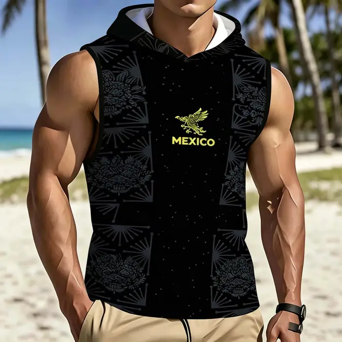 Haut à capuche sans manches pour hommes, motifs imprimés noirs, confortable, tendance, à la mode pour un usage quotidien décontracté, nouveau style d'été