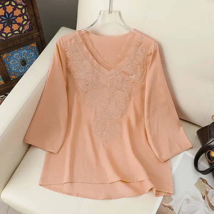T-shirt brodé pour femme, pull ample à col rond, chemise fine à manches trois-quarts, haut en coton