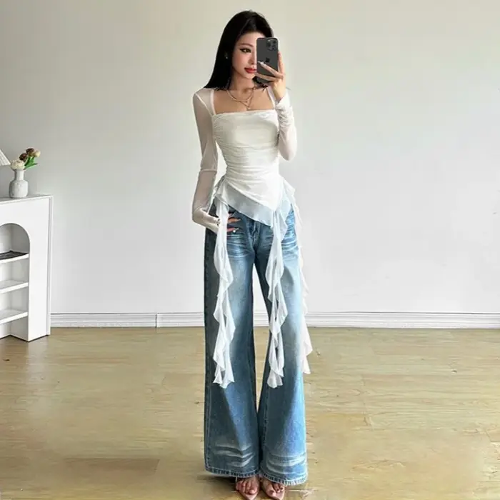 T-shirt manches longues à volants pour femmes