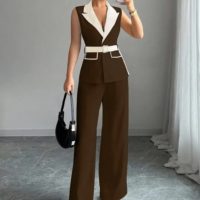 Ensemble pantalon large et gilet blazer élégant sans manches pour femme avec ceinture