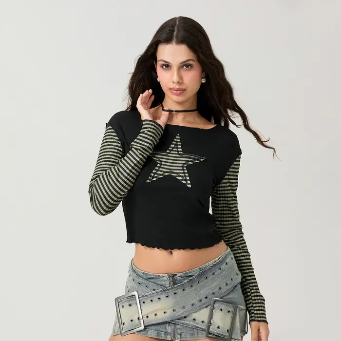Women T-shirt Long Sleeve Crew Neck Star Stripe Star Graphic Slim Fit Tee Tops Ladies for Casual Dai