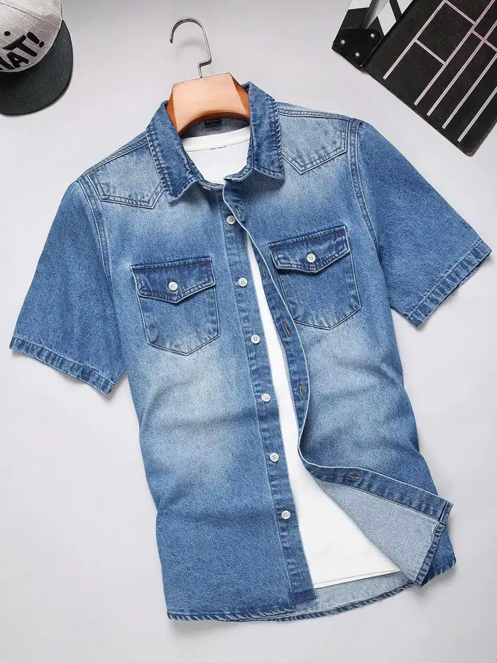Chemise en jean vintage à manches courtes pour homme, chemisier décontracté en denim à col boutonné