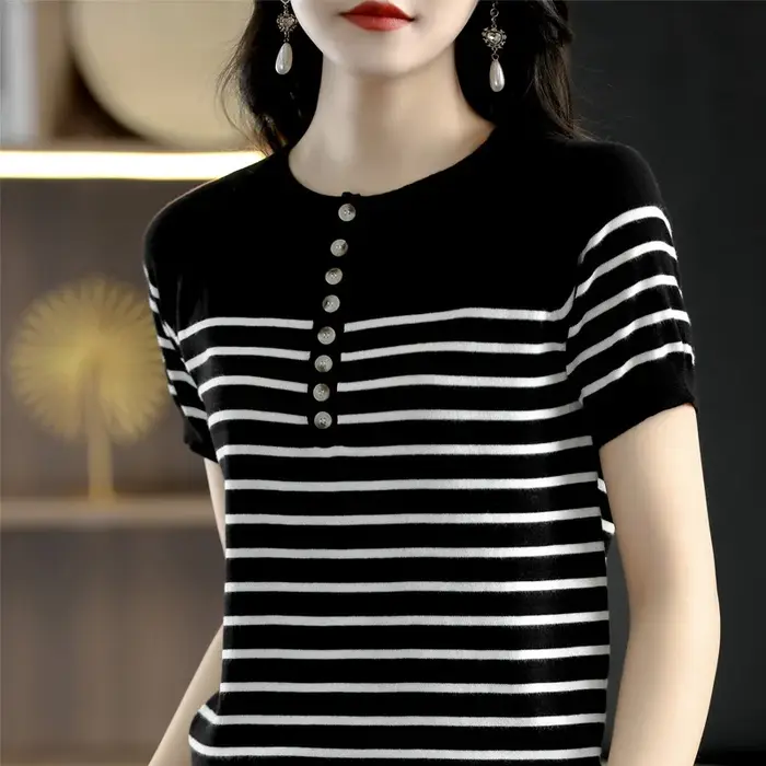 T-shirt 100% coton pour femmes, tricoté à rayures, manches courtes, décontracté, col rond, hauts bas