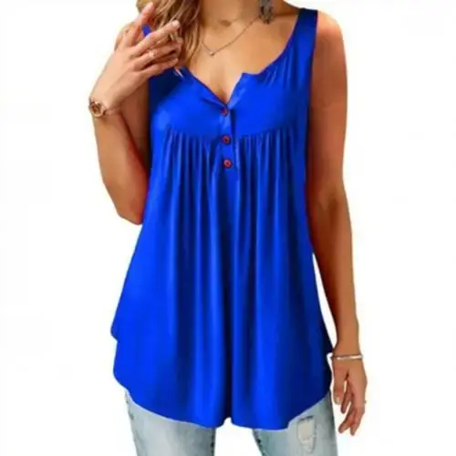 Femmes chaudes débardeur ample solide col en U femme Camisole sans manches plissé débardeur dames bouton 2020 été femmes gilet ample