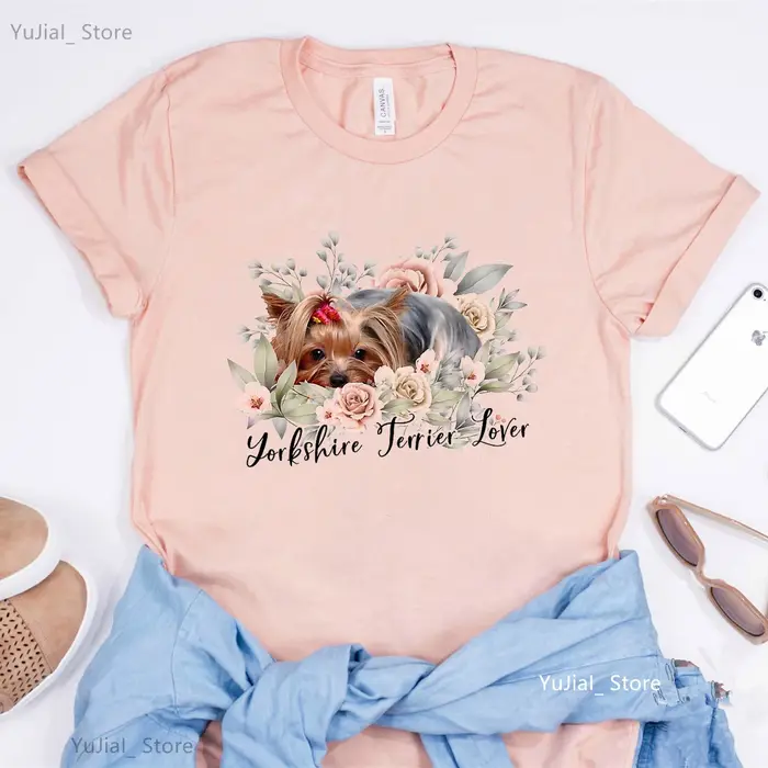 T-shirt femme, amant de Terrier, Chihuahua, Bulldog, Ausds, Yorkshire, Harajuku, Kawaii, fleur, rose