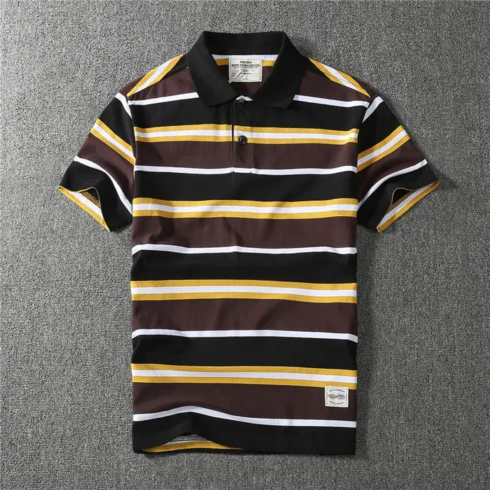 Coton épais May kaki vintage couleur contraste revers rayé polo à manches courtes T-shirt hommes mode