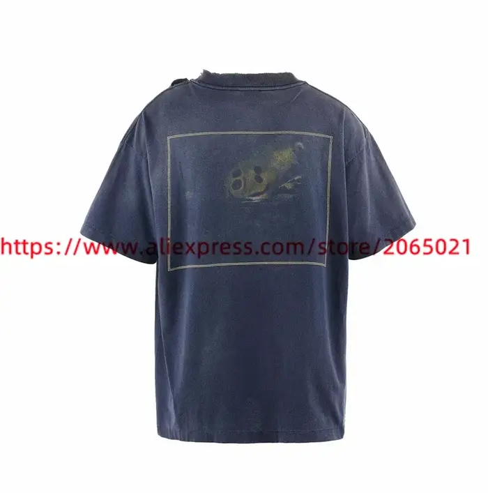 T-Shirt Bleu Délavé Vintage pour Homme et Femme, de Haute Qualité