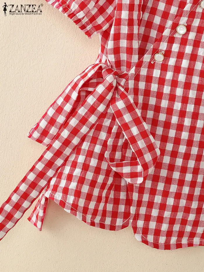 ZANZEA manches courtes bouffantes Vintage Blouses taille nouée décontracté été col en v Peplum hauts femmes vichy élégant enveloppé chemises