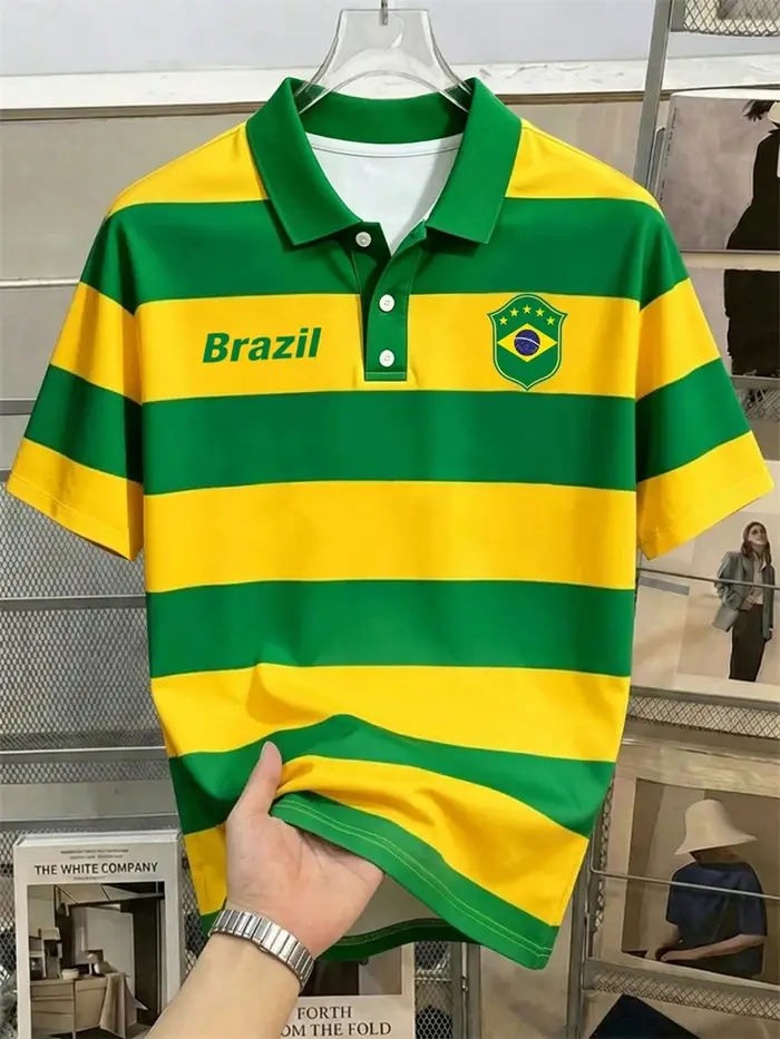Nouveau T-shirt Polo Homme à Manches Courtes Motif Drapeau Brésilien Style Sportif