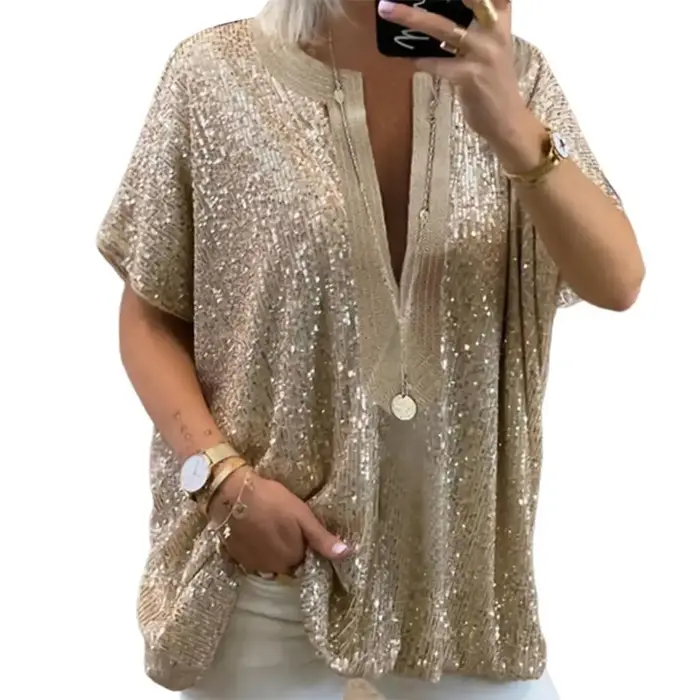 T-shirt manches courtes femme, estival et surdimensionné, avec paillettes, vintage, argent et or, 20