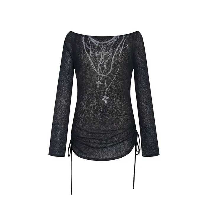 Karrcat Grunge esthétique tricoté hauts Vintage tatouage impression T-shirt Wasteland Punk noir côte
