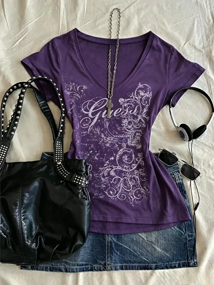 T-shirts vintage imprimés violet foncé pour femmes