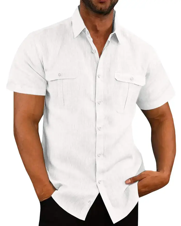 Chemise en lin à manches courtes pour homme - Style décontracté d'été avec deux poches et fermeture boutonnée