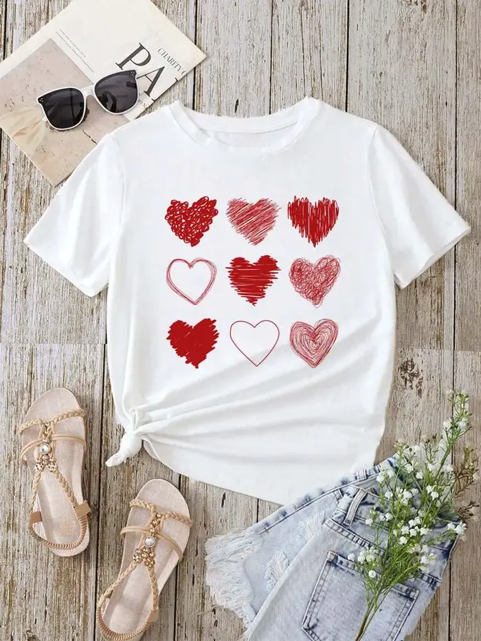 T-shirts pour femmes imprimés cœur rouge, vêtements streetwear tendance, manches courtes, vêtements 