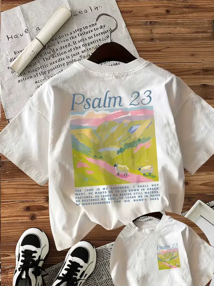 T-shirt graphique unisexe avec verset biblique de la Psaume 23, motif religieux, paysage de moutons,