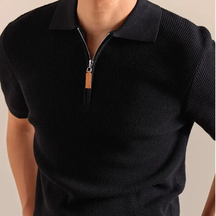 Lyocell mélange tricoté Polo hommes à manches courtes fermeture éclair revers décontracté demi