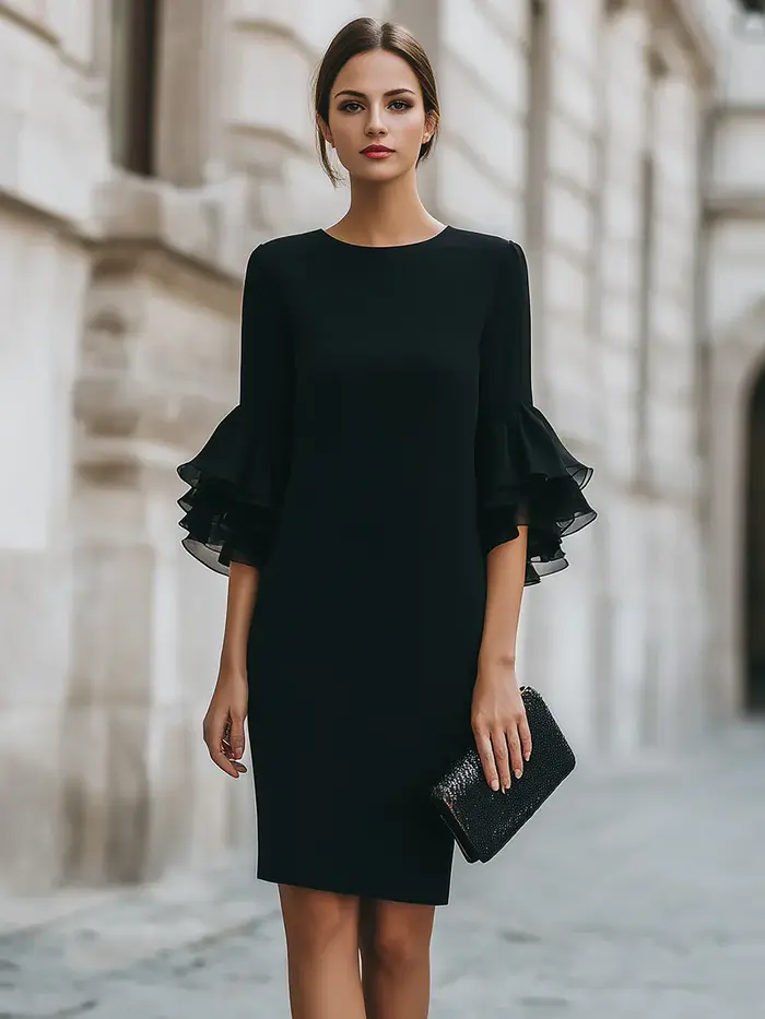 Robe midi à volants à trois quarts de manche pour femmes