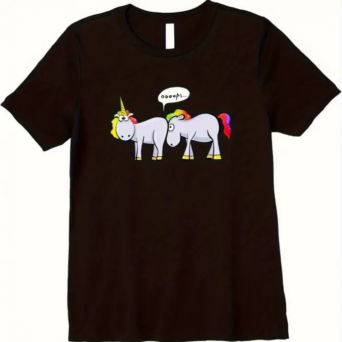 T-shirt unisexe en coton à col rond avec motif drôle d'une licorne qui fait des crottes arc-en-ciel,
