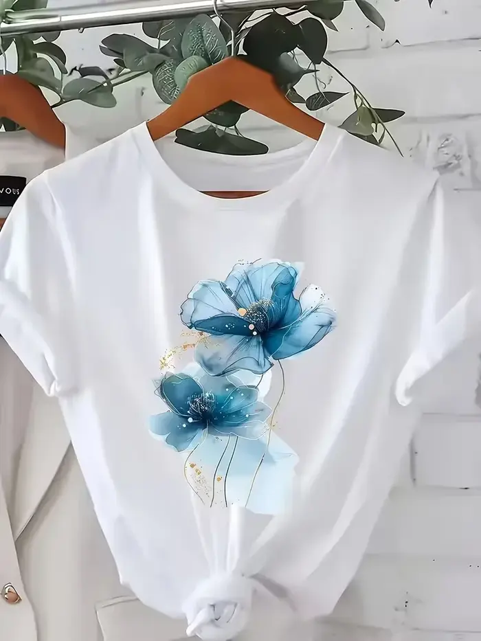 T-shirt à imprimé floral pour femme avec accents dorés - Haut décontracté à manches courtes