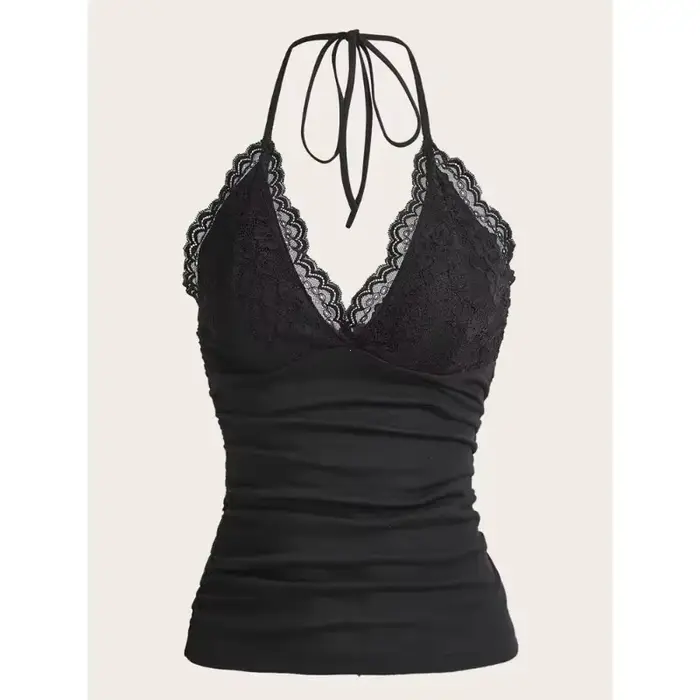 Haut à licou en patchwork de dentelle noire pour femmes, vêtements gothiques punk, monochromatique, 