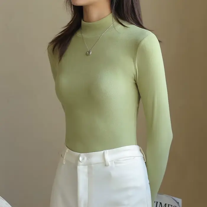 T-shirt élégant à col montant et manches longues pour femme – Haut basique chaud automne-hiver