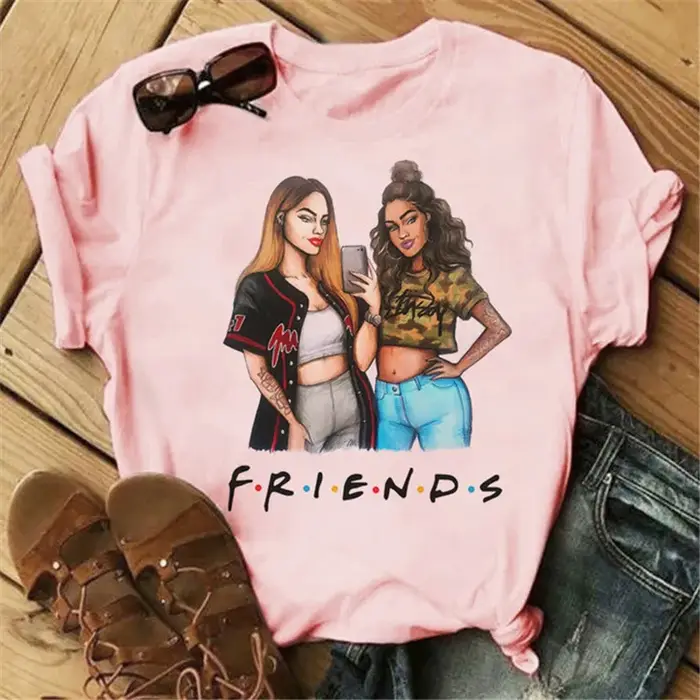 T-shirt à col rond imprimé dessin animé Good Friends pour femme