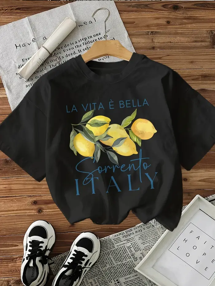 100% coton ample graphique citron imprimé T-Shirt à manches courtes col rond haut décontracté pour l