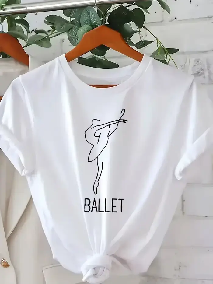 T-shirt graphique élégant sur le thème du ballet pour femmes, décontracté, manches courtes, col rond