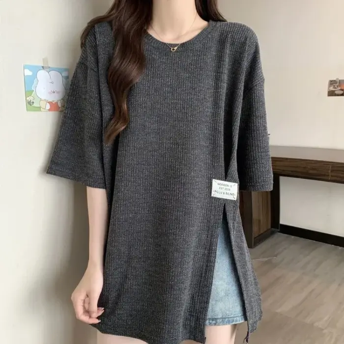 Style paresseux ample fente ourlet jeunesse hauts été à manches courtes col rond simplicité rue décontracté t-shirts mode coréenne femmes vêtements