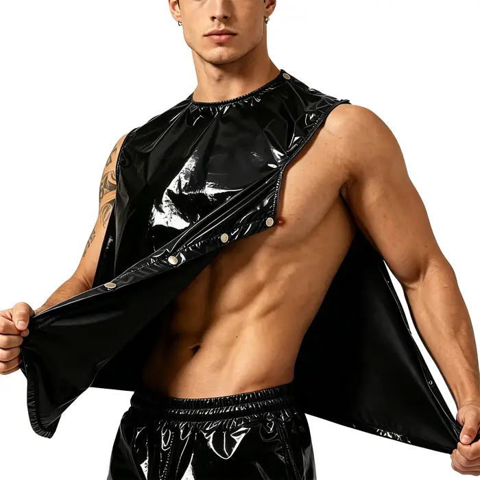 Débardeur Homme Imperméable Effet Mouillé PVC Rouge Sans Manches Brillant Gilet Vinyle
