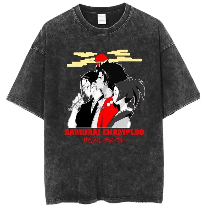 Anime graphique samouraï Champloo T-shirt Vintage lavé surdimensionné T-Shirts hommes femmes vêtements pur coton à manches courtes T-Shirts