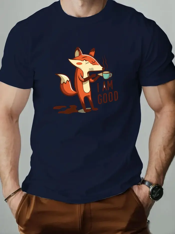 T-Shirt homme Animal renard dessin animé motif été loisirs respirant 100% coton col rond