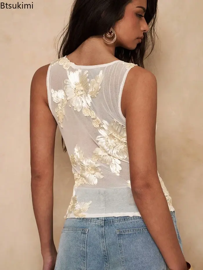 Nouveaux débardeurs pour femmes à col rond avec broderie florale en maille transparente