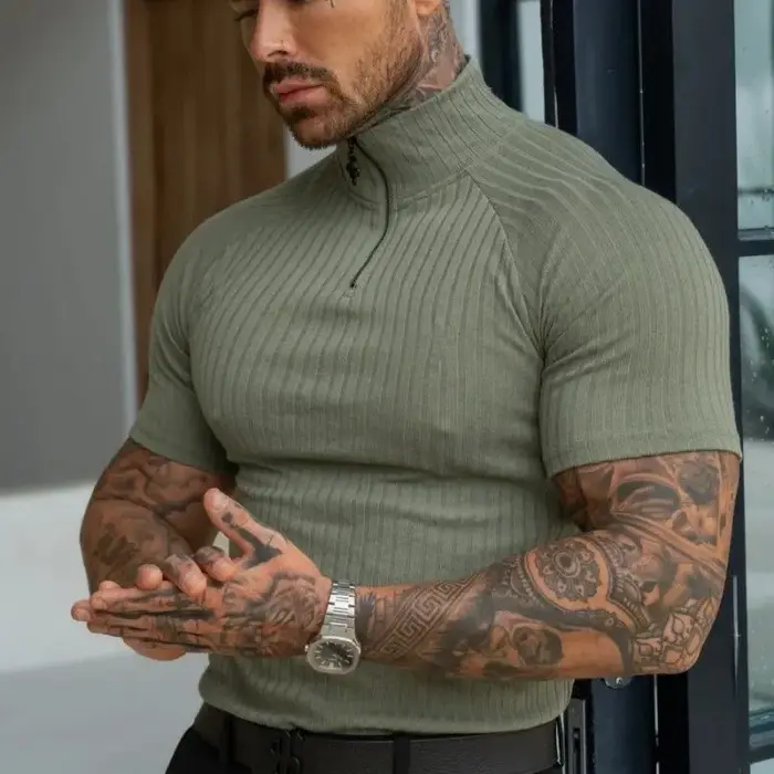 Polo élastique ajusté pour homme – T-shirt d'été tendance à col montant zippé