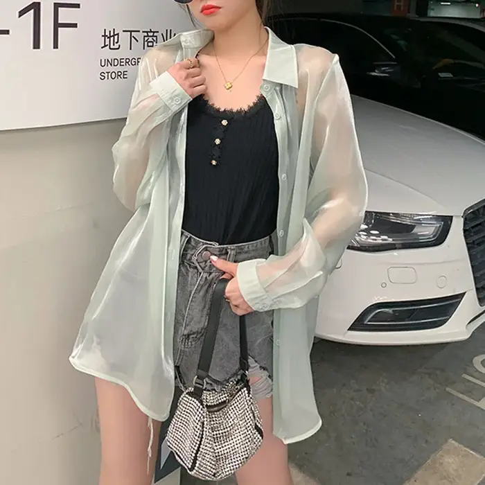 Chemise de protection solaire pour femmes, veste d'été fine et respirante, mi-longue, ample, couvrant les fesses, style décontracté, à manches longues