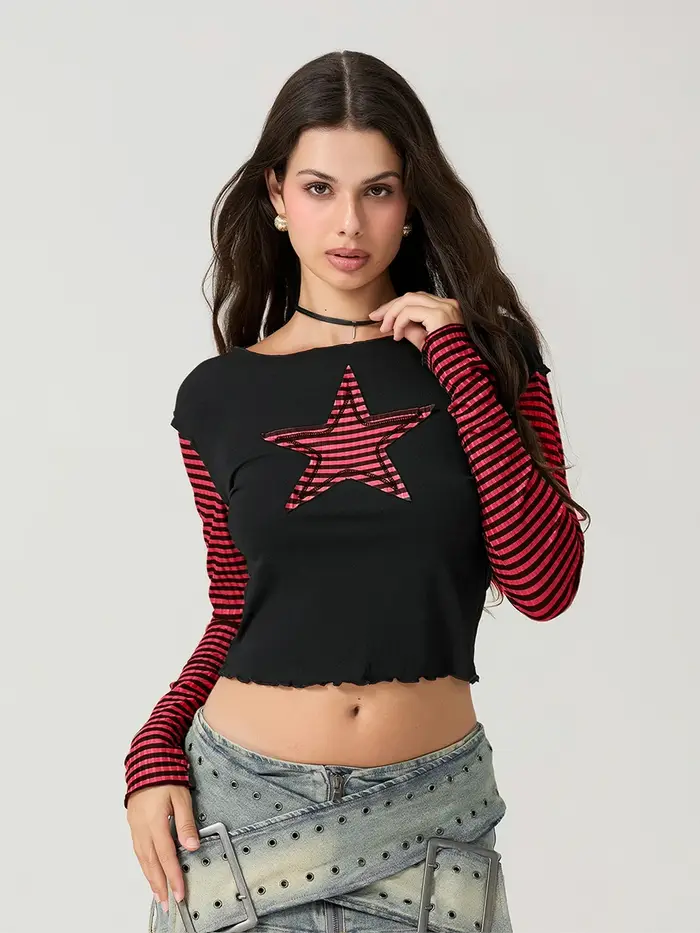 Women T-shirt Long Sleeve Crew Neck Star Stripe